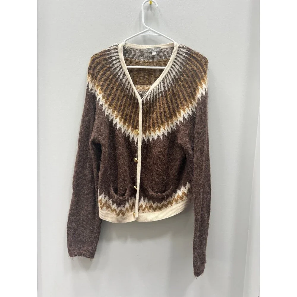J Crew Sweater Womens Brown Fair Isle Alpaca Wool Button Cardigan - Picture 1 of 4